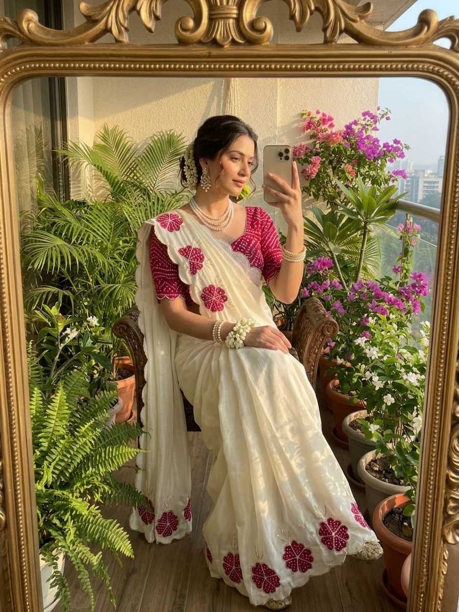 LATEST CHINNON SILK HAND CUTDANA SAREE WITH UNSTITCHED BLOUSE FESTIVAL WEAR WHOLESALE PRICE ETHNIC GARMENT (2)