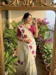 LATEST CHINON SILK HAND CUTDANA WORK SAREE WITH UNSTITCHED BLOUSE OFF WHITE