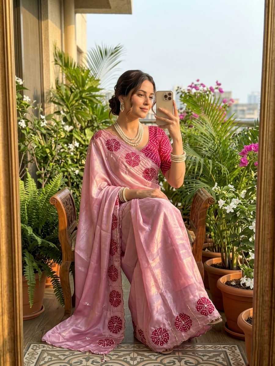 LATEST CHINNON SILK HAND CUTDANA SAREE WITH UNSTITCHED BLOUSE FESTIVAL WEAR WHOLESALE PRICE ETHNIC GARMENT (4)