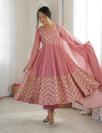 LATEST CRUNCHY SILK EMBROIDERY SEQUENCE WORK GOWN BOTTOM WITH DUPATTA BABY PINK