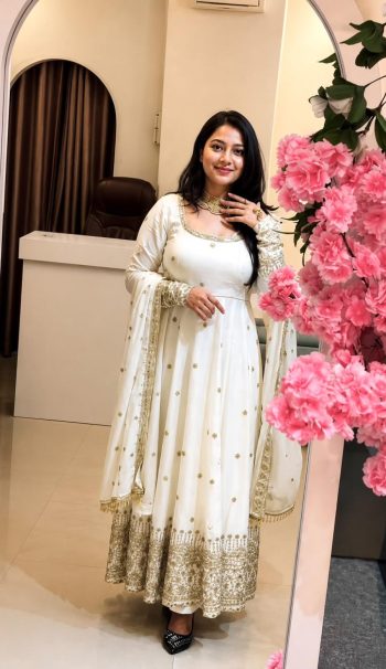 LATEST CRUNCHY SILK EMBROIDERY SEQUENCE WORK GOWN BOTTOM WITH DUPATTA WHITE