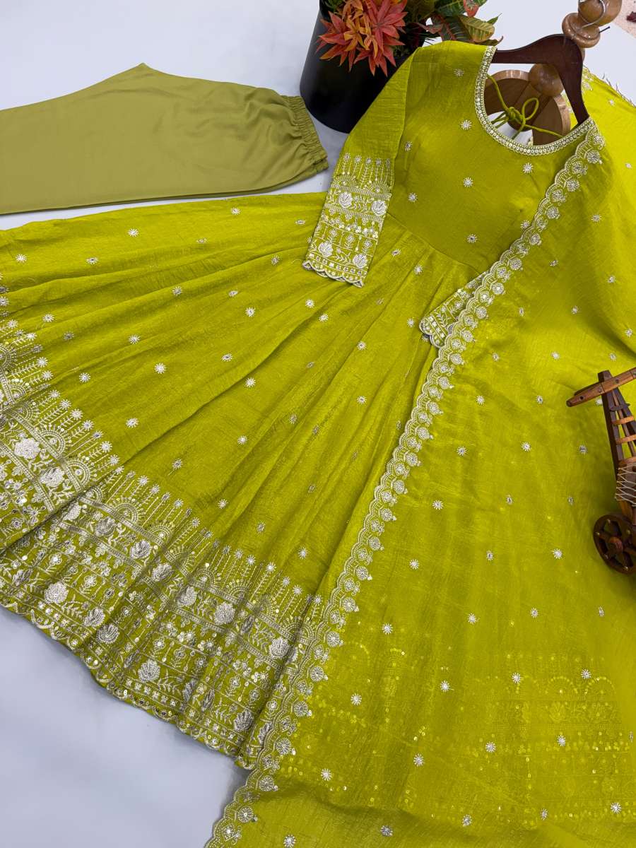 LATEST CRUNCHY SILK EMBROIDERY SEQUENCE WORK GOWN BOTTOM WITH DUPATTA WEDDING WEAR WHOLESALE PRICE ETHNIC GARMENT (11)