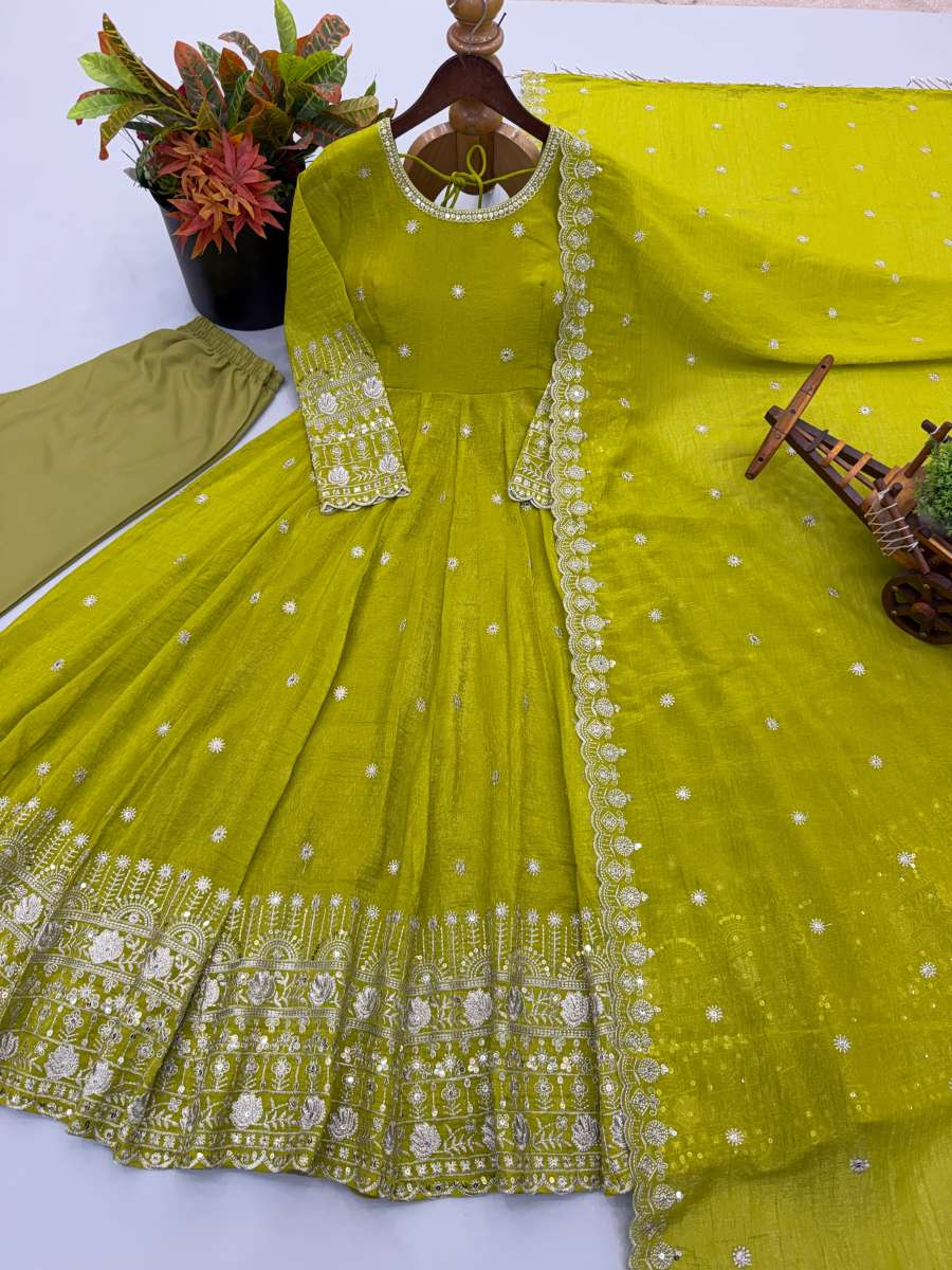 LATEST CRUNCHY SILK EMBROIDERY SEQUENCE WORK GOWN BOTTOM WITH DUPATTA WEDDING WEAR WHOLESALE PRICE ETHNIC GARMENT (8)