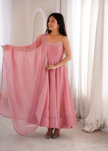 LATEST CRUNCHY SILK SWAROVSKI WORK ANRKALI DRESS SKY BABY PINK