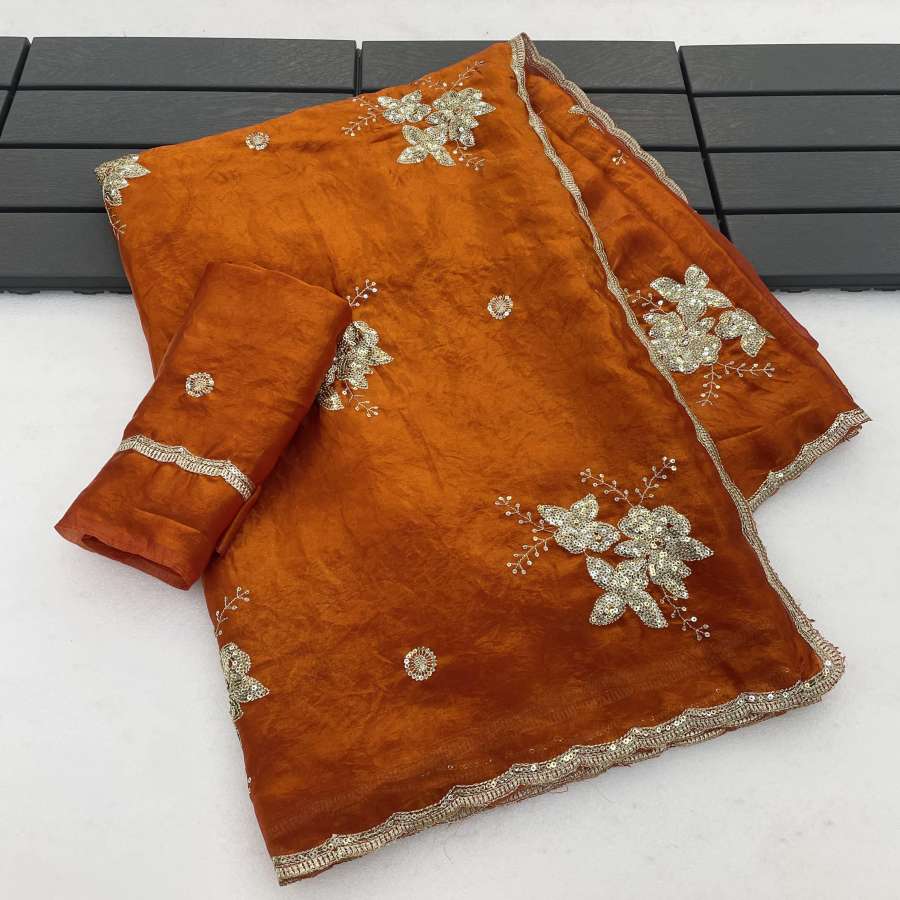 LATEST FANDY SATIN EMBROIDERY WORK WITH SEQUENCES AND CUT WORK SAREE WITH UNSTITCHED BLOUSE CASUAL WEAR WHOLESALE PRICE ETHNIC GARMENT (12)