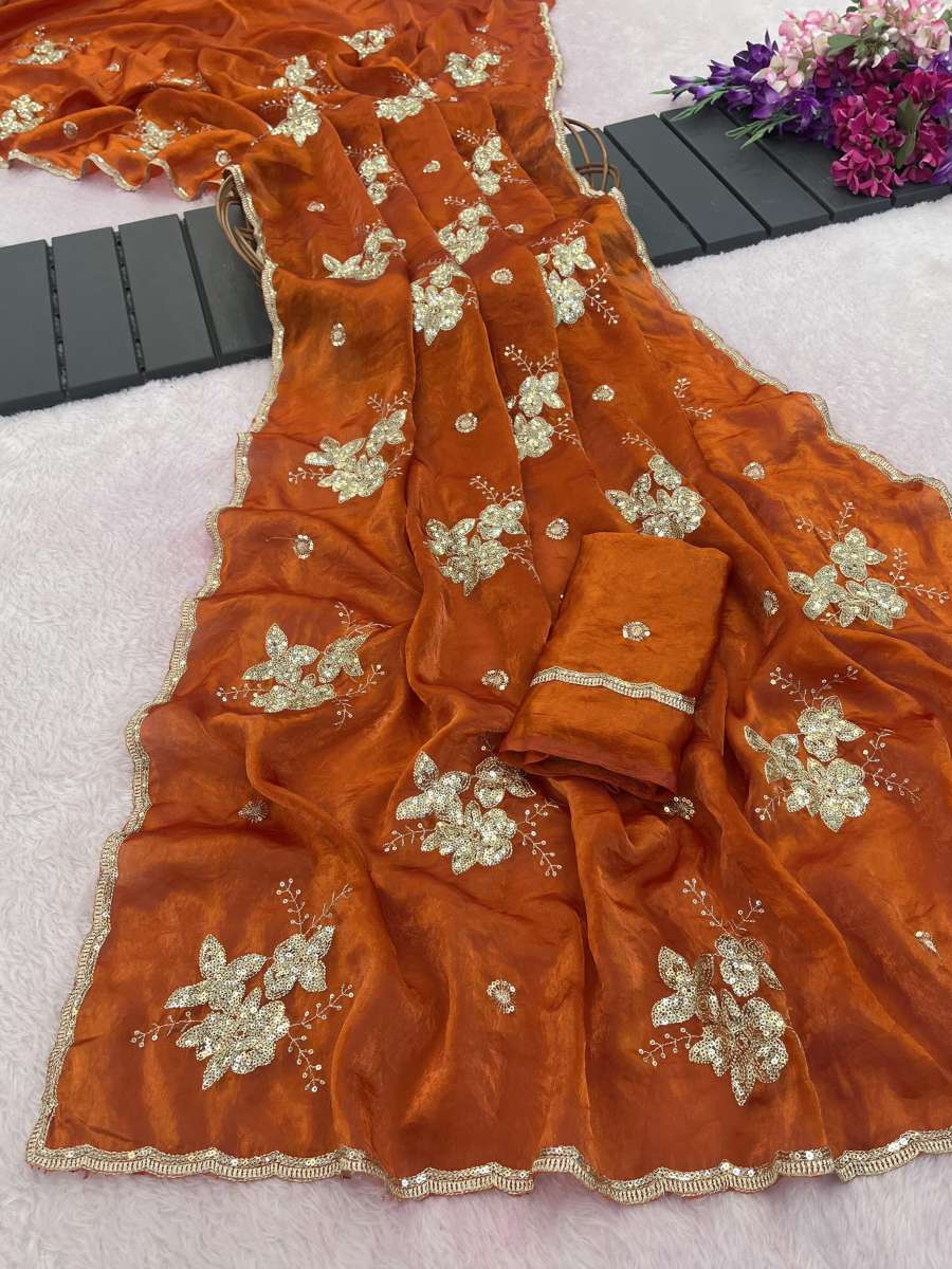 LATEST FANDY SATIN EMBROIDERY WORK WITH SEQUENCES AND CUT WORK SAREE WITH UNSTITCHED BLOUSE CASUAL WEAR WHOLESALE PRICE ETHNIC GARMENT (14)