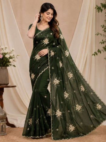 LATEST FANDY SATIN EMBROIDERY WORK WITH SEQUENCES AND CUT WORK SAREE WITH UNSTITCHED BLOUSE MEHNDI