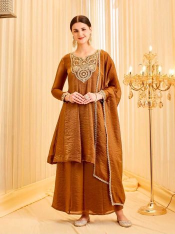 LATEST FENDY SILK EMBROIDERY CODING SEQUENCE WORK TOP PALAZZO WITH DUPATTA MUSTARD