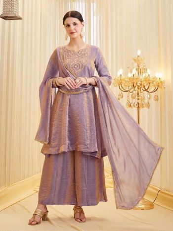 LATEST FENDY SILK EMBROIDERY CODING SEQUENCE WORK TOP PALAZZO WITH DUPATTA PURPLE