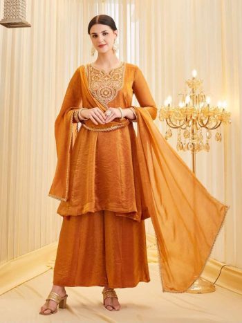 LATEST FENDY SILK EMBROIDERY CODING SEQUENCE WORK TOP PALAZZO WITH DUPATTA LIGHT YELLOW
