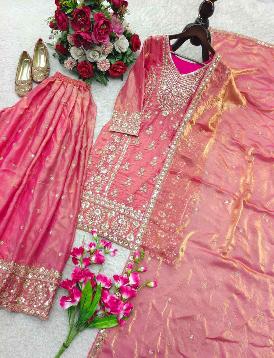 LATEST FENDY SILK EMBROIDERY SEQUENCE WORK TOP PALAZZO WITH DUPATTA WEDDING WEAR WHOLESALE PRICE ETHNIC GARMENT (1)