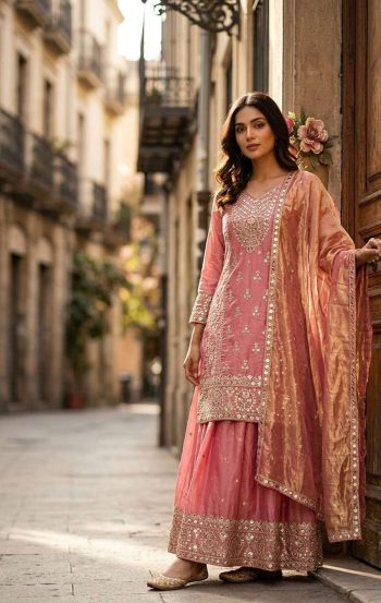 LATEST FENDY SILK EMBROIDERY SEQUENCE WORK  TOP PALAZZO WITH DUPATTA PEACH