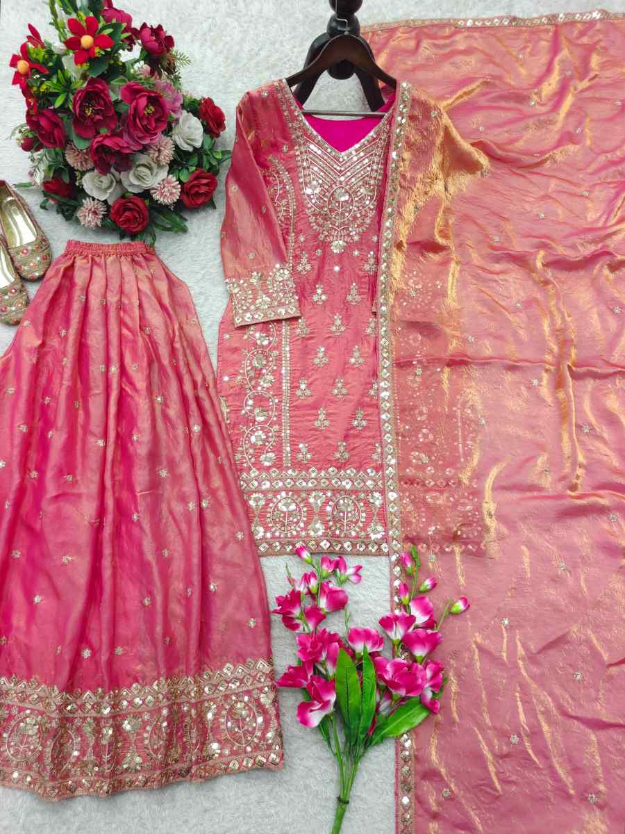 LATEST FENDY SILK EMBROIDERY SEQUENCE WORK TOP PALAZZO WITH DUPATTA WEDDING WEAR WHOLESALE PRICE ETHNIC GARMENT (7)