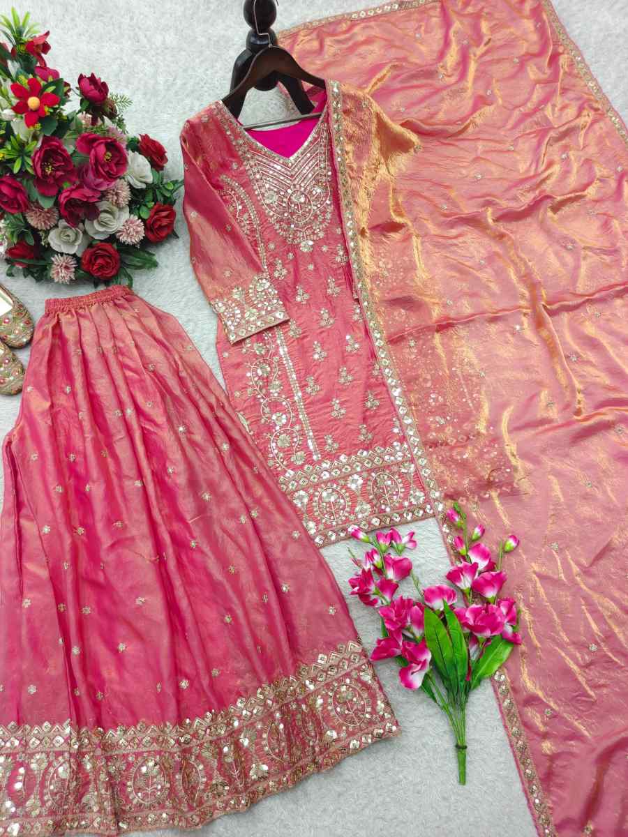 LATEST FENDY SILK EMBROIDERY SEQUENCE WORK TOP PALAZZO WITH DUPATTA WEDDING WEAR WHOLESALE PRICE ETHNIC GARMENT (8)