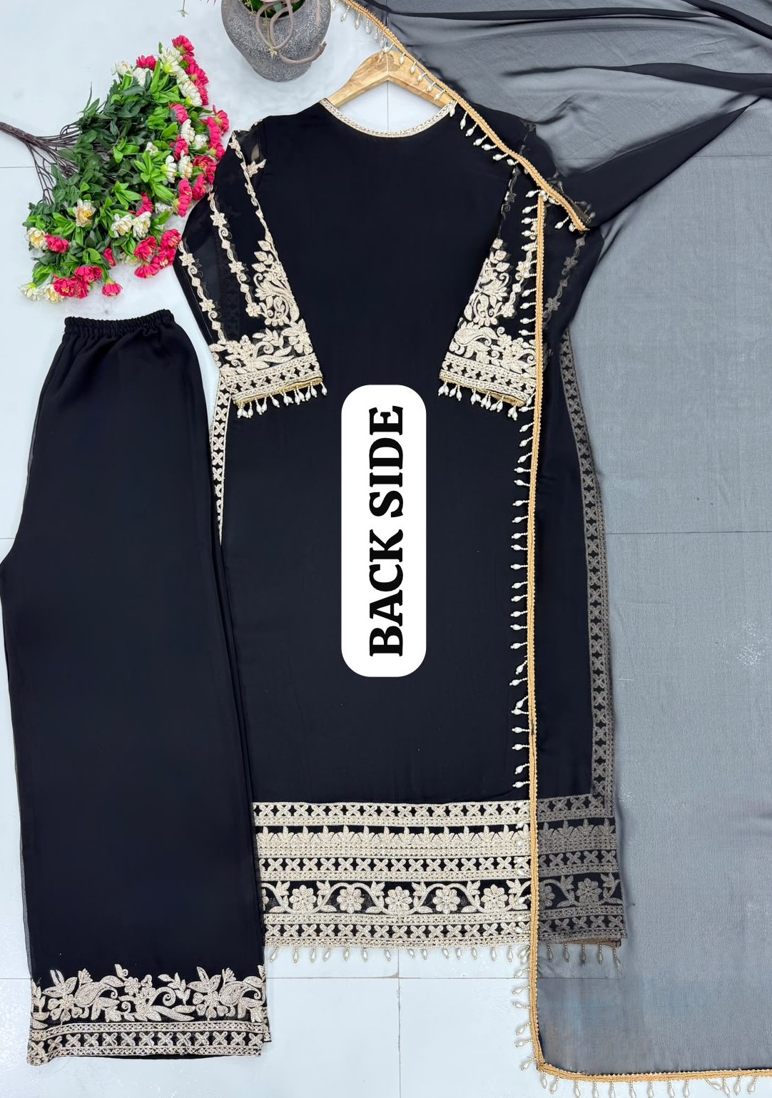 LATEST FUAX GEORGETTE CHAIN STITCHED BOTH SIDE WORK TOP PALAZZO WITH DUPATTA FESTIVAL WEAR WHOLESALE PRICE ETHNIC GARMENT (10)