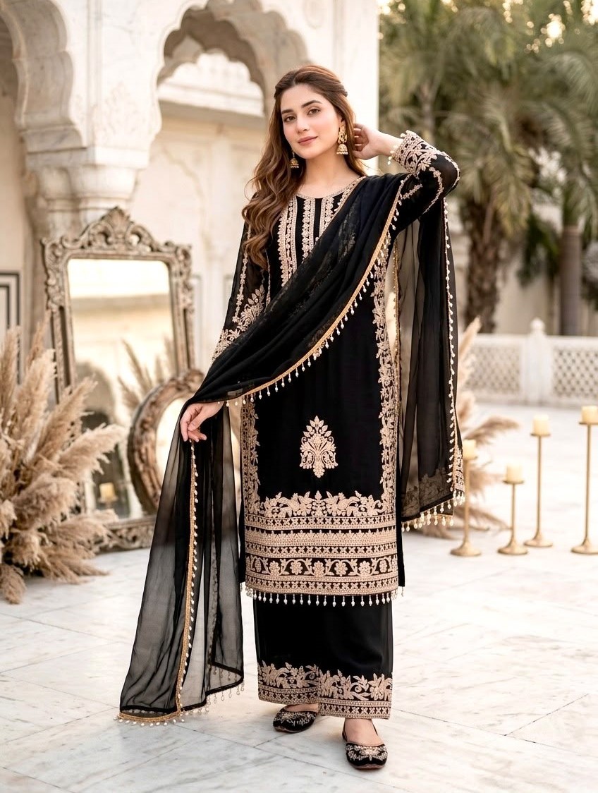 LATEST FUAX GEORGETTE CHAIN STITCHED BOTH SIDE WORK TOP PALAZZO WITH DUPATTA FESTIVAL WEAR WHOLESALE PRICE ETHNIC GARMENT (11)