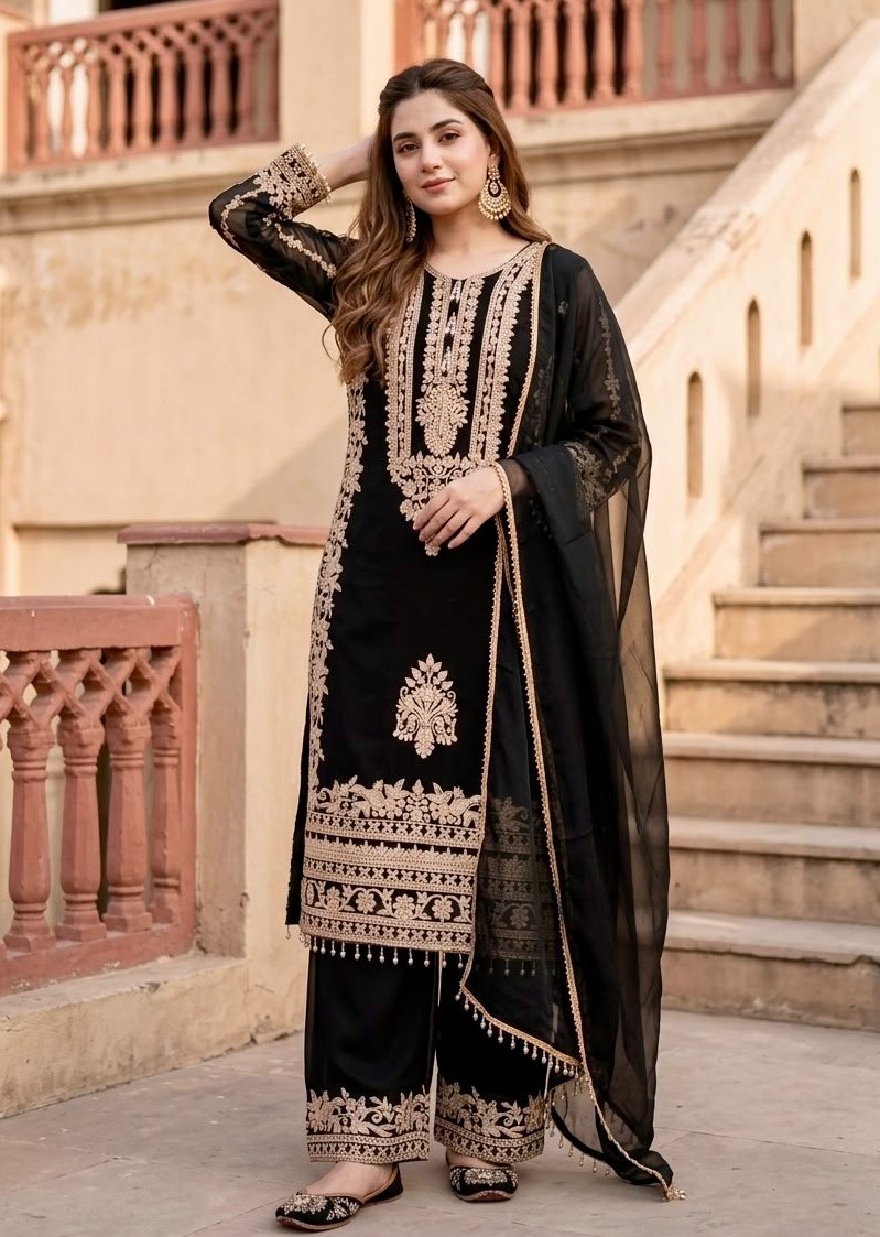 LATEST FUAX GEORGETTE CHAIN STITCHED BOTH SIDE WORK TOP PALAZZO WITH DUPATTA FESTIVAL WEAR WHOLESALE PRICE ETHNIC GARMENT (12)