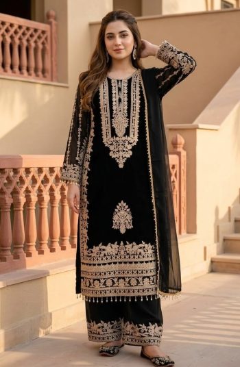 LATEST FUAX GEORGETTE CHAIN STITCHED BOTH SIDE WORK TOP PALAZZO WITH DUPATTA BLACK