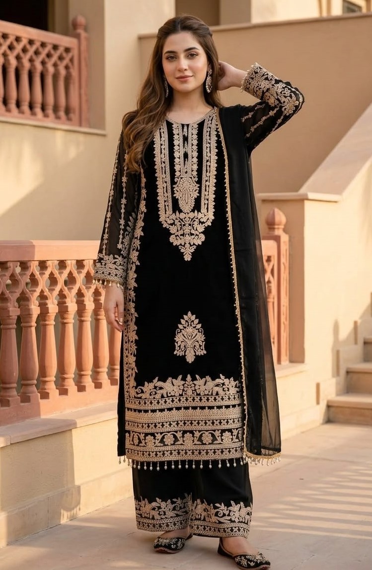 LATEST FUAX GEORGETTE CHAIN STITCHED BOTH SIDE WORK TOP PALAZZO WITH DUPATTA FESTIVAL WEAR WHOLESALE PRICE ETHNIC GARMENT (13)