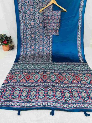 LATEST GAJJI SILK AJARAKH PRINT AND HEAVY MIRROR WORK SAREE WITH UNSTITCHED BLOUSE