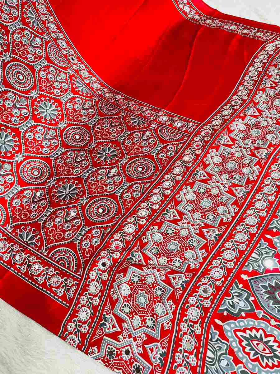 LATEST GAJJI SILK AJARAKH PRINT AND HEAVY MIRROR WORK SAREE WITH UNSTITCHED BLOUSE CASUAL WEAR WHOLESALE PRICE ETHNIC GARMENT (11)