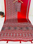 LATEST GAJJI SILK AJARAKH PRINT AND HEAVY MIRROR WORK SAREE WITH UNSTITCHED BLOUSE RED