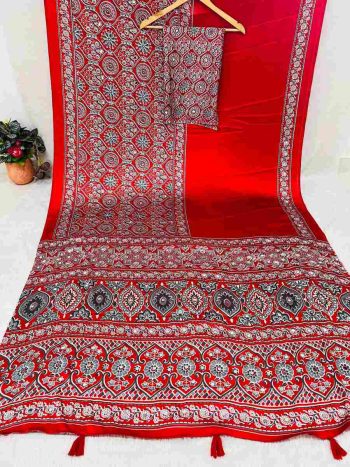 LATEST GAJJI SILK AJARAKH PRINT AND HEAVY MIRROR WORK SAREE WITH UNSTITCHED BLOUSE RED