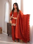 LATEST GLASS ROMAN SILK EMBROIDERY SEQUENCE DORI AND JARI WORK TOP BOTTOM WITH DUPATTA ORANGE