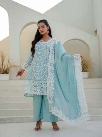 LATEST MAL MAL EMBROIDEY SEQUNCE WORK TOP BOTTOM WITH DUPATTA SKY