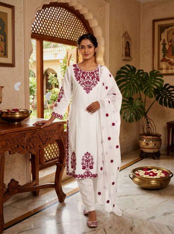LATEST RAYON COTTON EMBROIDERY THREAD WORK TOP BOTTOM WITH DUPATTA WHITE