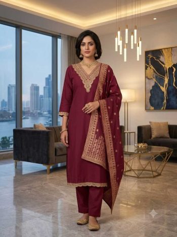 LATEST RAYON EMBROIDERY WORK TOP BOTTOM WITH DUPATTA WINE
