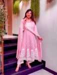LATEST ROMAN SILK EMBROIDERY SEQUENCE WORK GOWN BOTTOM WITH DUPATTA BABY PINK
