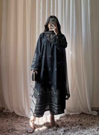 LATEST ROMAN SILK SEQUENCE AND ZARI AND THREAD EMBROIDERY TOP PALAZZO WITH DUPATTA BLACK
