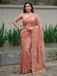 LATEST TWILL NET EMBROIDERY WITH CUTWORK SAREE WITH UNSTITCHED BLOUSE PEACH