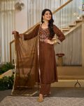 LATEST VICHITRA SILK EMBROIDERY WORK TOP BOTTOM WITH DUPATTA BROWN