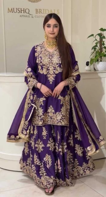 LUXURY CHINON SILK THREAD WITH SEQUNCE TOP PALAZZO WITH DUPATTA PURPLE