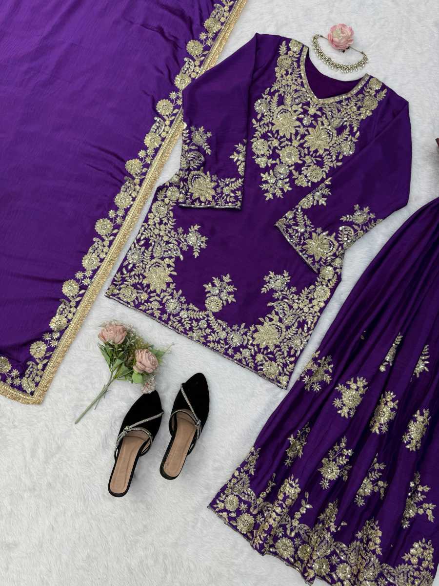 LUXURY CHINON SILK THREAD WITH SEQUNCE TOP PALAZZO WITH DUPATTA WEDDING WEAR WHOLESALE PRICE ETHNIC GARMENT (2)