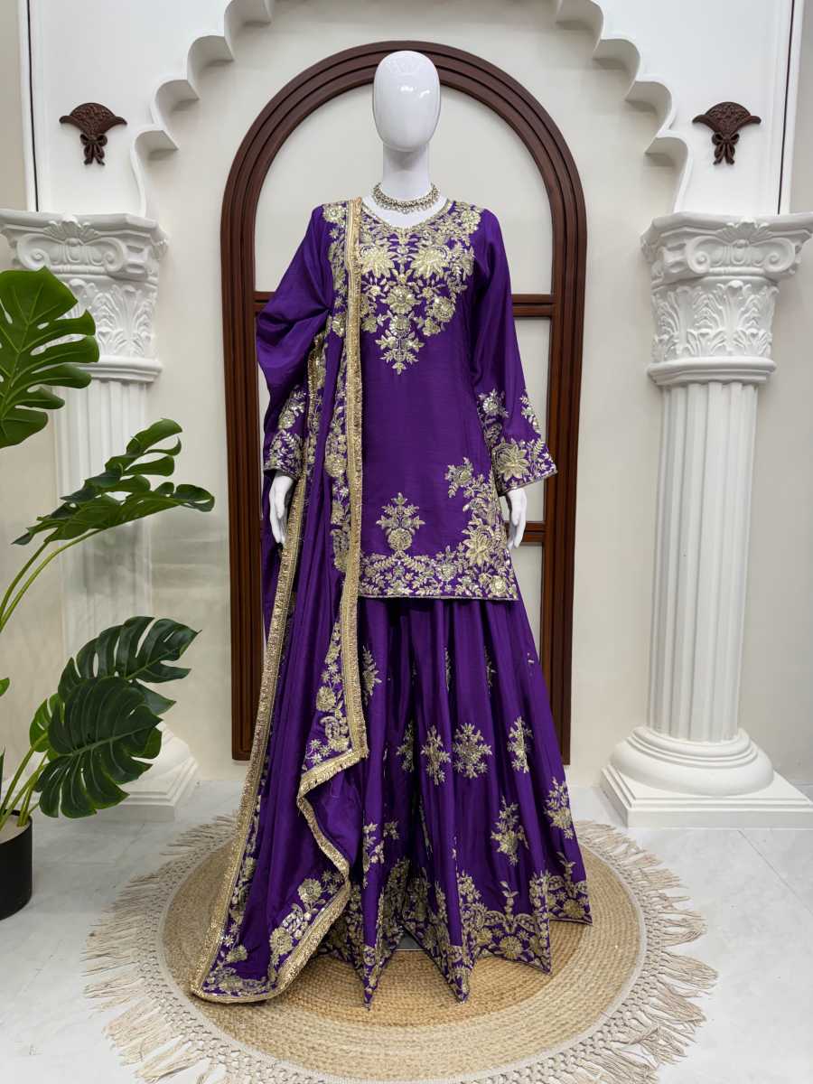 LUXURY CHINON SILK THREAD WITH SEQUNCE TOP PALAZZO WITH DUPATTA WEDDING WEAR WHOLESALE PRICE ETHNIC GARMENT (20)