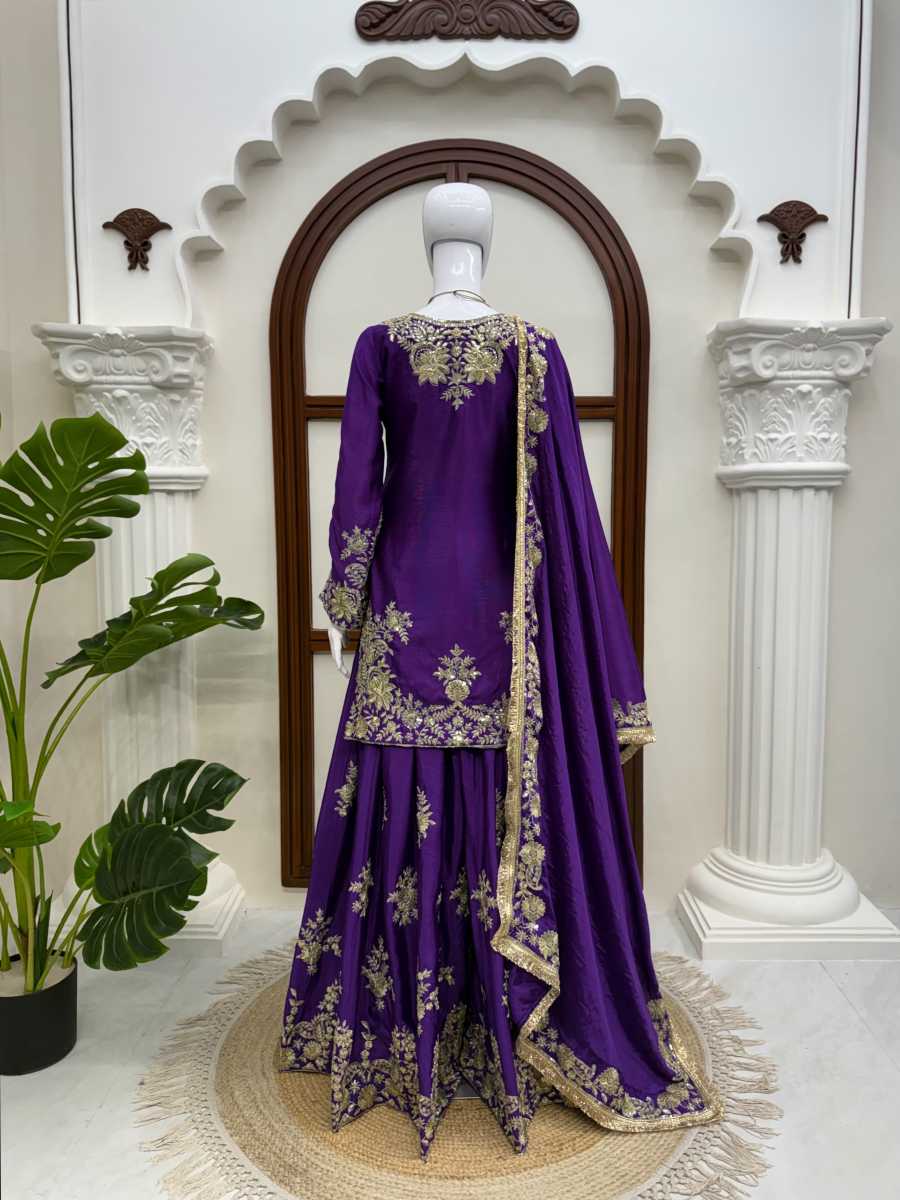 LUXURY CHINON SILK THREAD WITH SEQUNCE TOP PALAZZO WITH DUPATTA WEDDING WEAR WHOLESALE PRICE ETHNIC GARMENT (23)