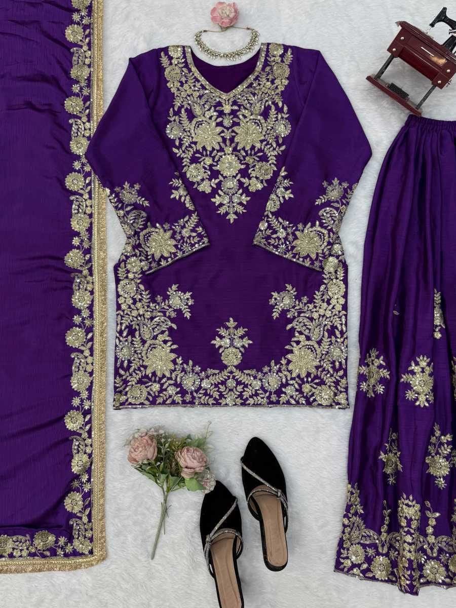LUXURY CHINON SILK THREAD WITH SEQUNCE TOP PALAZZO WITH DUPATTA WEDDING WEAR WHOLESALE PRICE ETHNIC GARMENT (27)