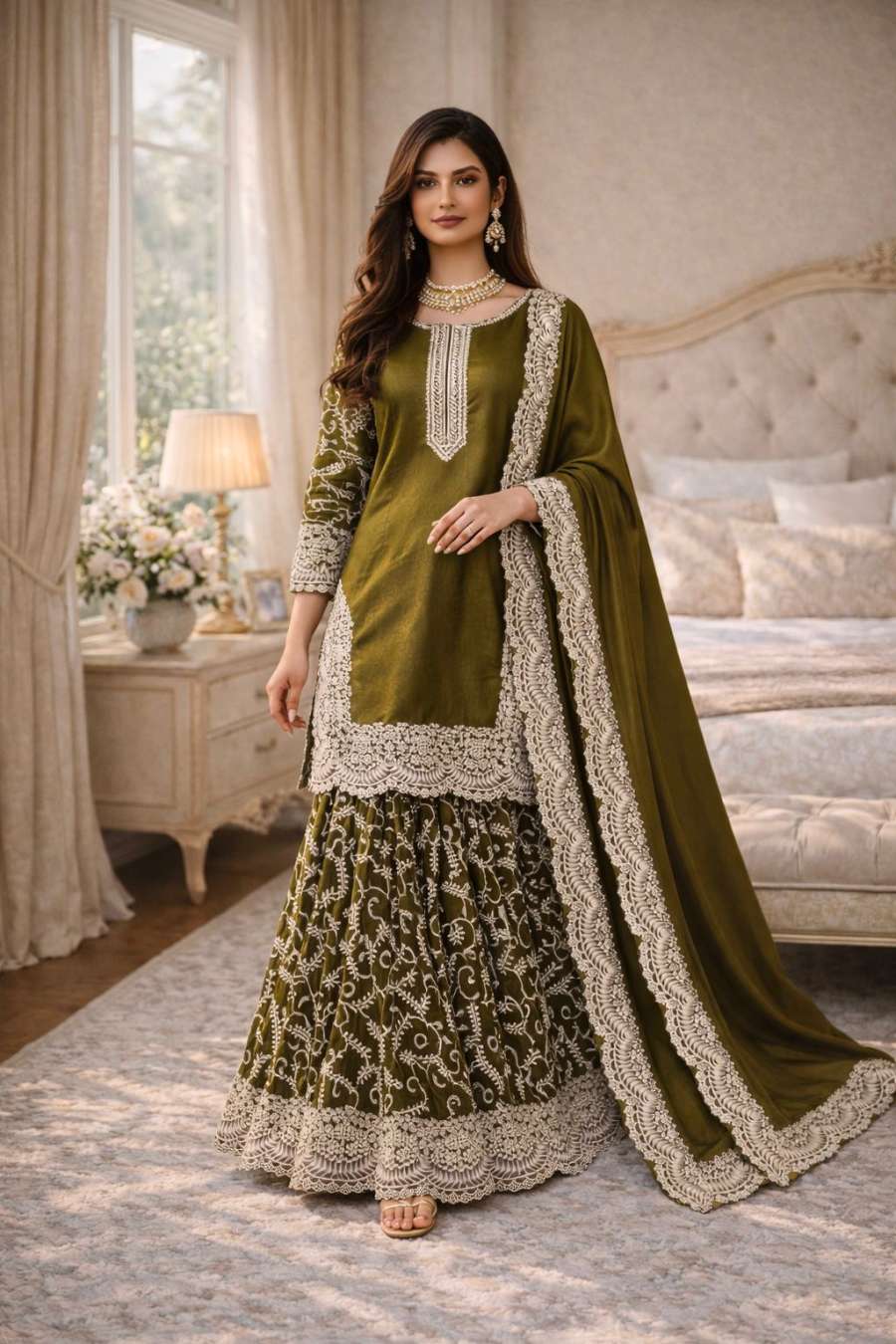 LUXURY FANDY SILK EMBROIDERY THREADS AND SEQUINS WORK TOP PALAZZO WITH DUPATTA WEDDING WEAR WHOLESALE PRICE ETHNIC GARMENT (2)