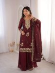 LUXURY FANDY SILK EMBROIDERY WITH SEQUENCE WORK TOP PALAZZO WITH DUPATTA  MAROON