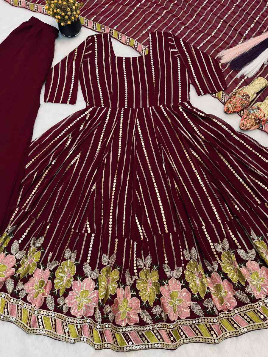 LUXURY FAUX GEORGETTE MULTI COLOURED EMBROIDERY WORK GOWN PALAZZO WITH DUPATTA SEASONABLE WEAR WHOLESALE PRICE ETHNIC GARMENT (11)