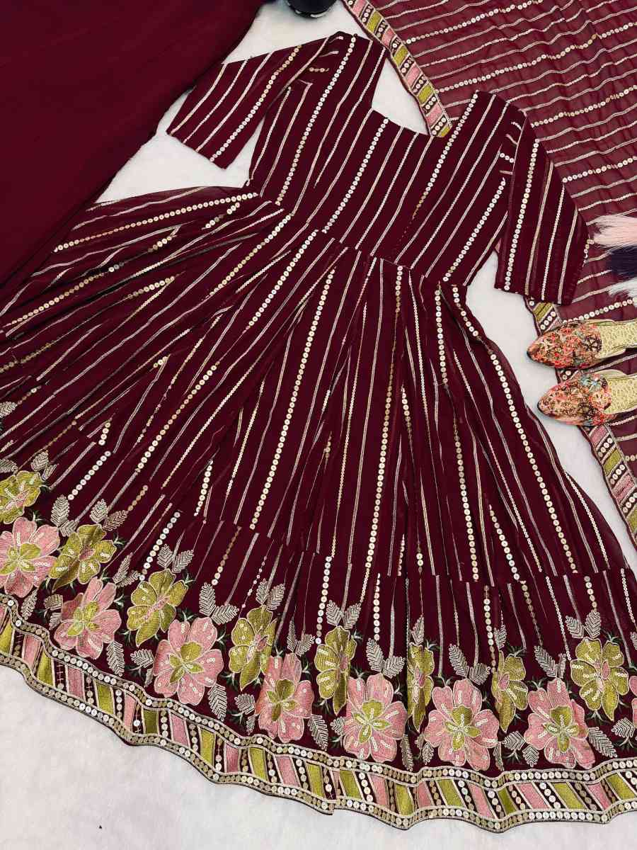 LUXURY FAUX GEORGETTE MULTI COLOURED EMBROIDERY WORK GOWN PALAZZO WITH DUPATTA SEASONABLE WEAR WHOLESALE PRICE ETHNIC GARMENT (12)