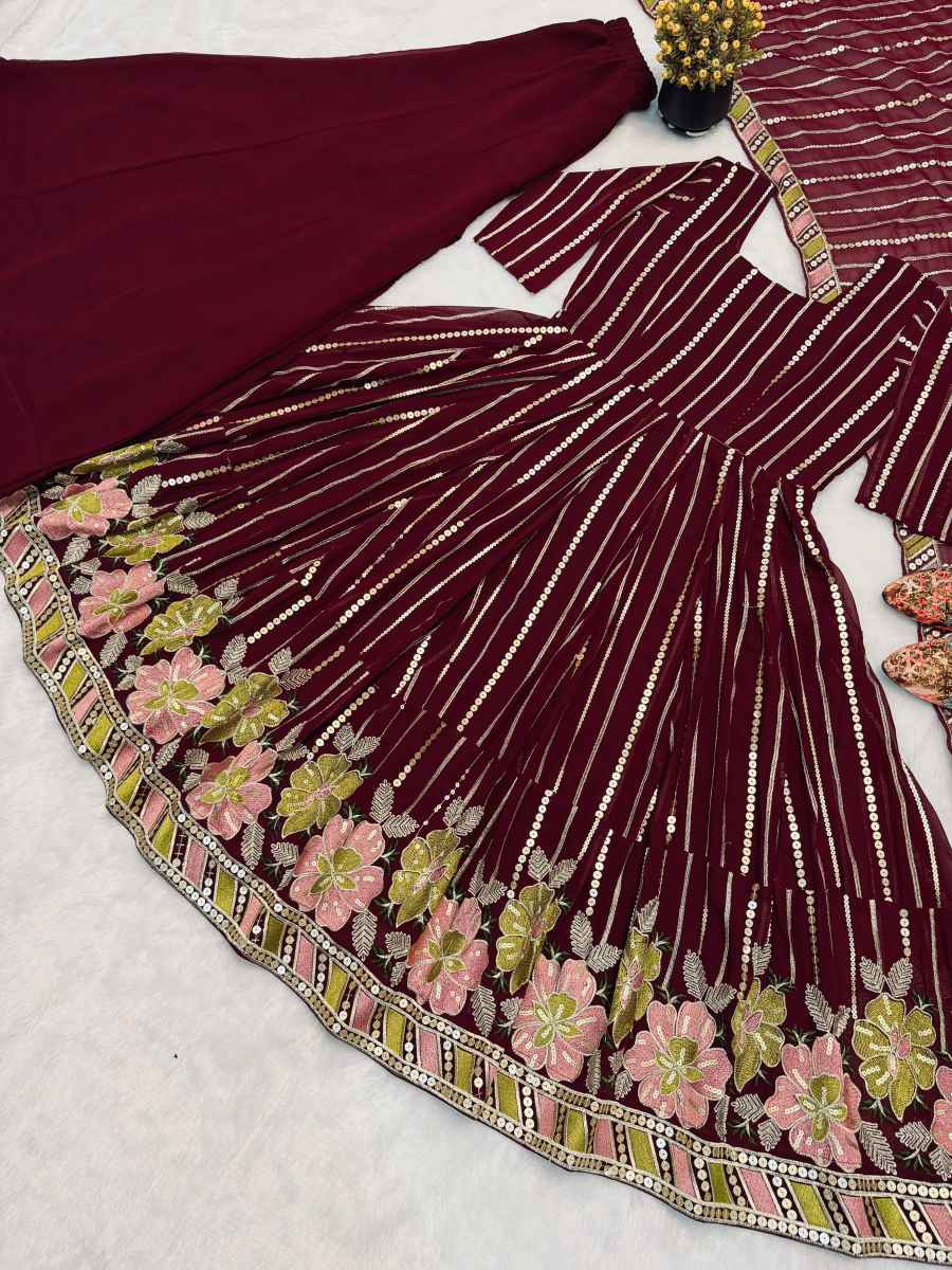 LUXURY FAUX GEORGETTE MULTI COLOURED EMBROIDERY WORK GOWN PALAZZO WITH DUPATTA SEASONABLE WEAR WHOLESALE PRICE ETHNIC GARMENT (2)