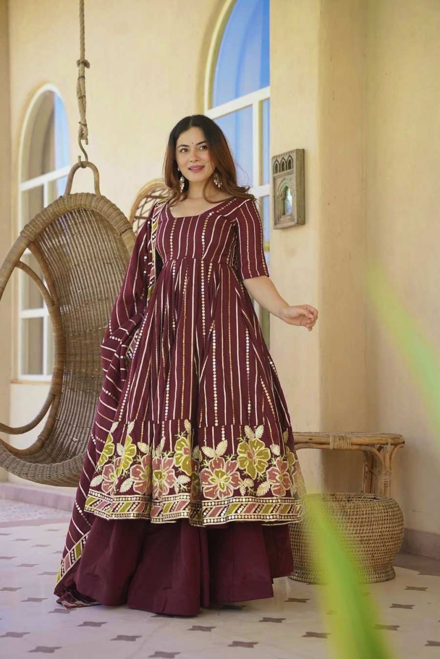 LUXURY FAUX GEORGETTE MULTI COLOURED EMBROIDERY WORK GOWN PALAZZO WITH DUPATTA SEASONABLE WEAR WHOLESALE PRICE ETHNIC GARMENT (4)