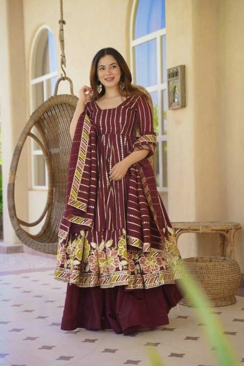 LUXURY FAUX GEORGETTE MULTI COLOURED EMBROIDERY WORK GOWN PALAZZO WITH DUPATTA MAROON