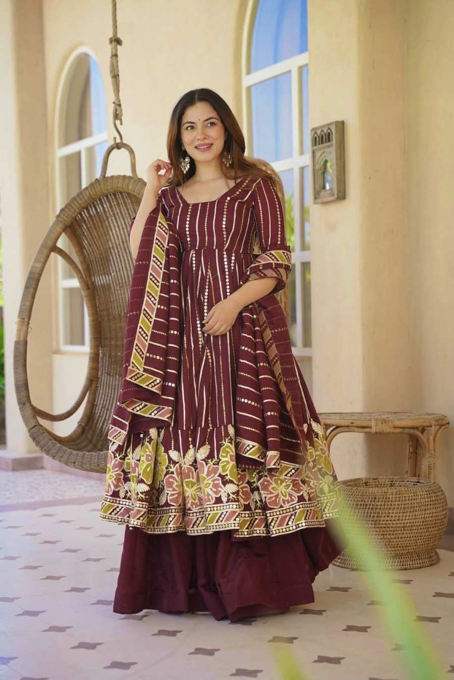 LUXURY FAUX GEORGETTE MULTI COLOURED EMBROIDERY WORK GOWN PALAZZO WITH DUPATTA SEASONABLE WEAR WHOLESALE PRICE ETHNIC GARMENT (5)