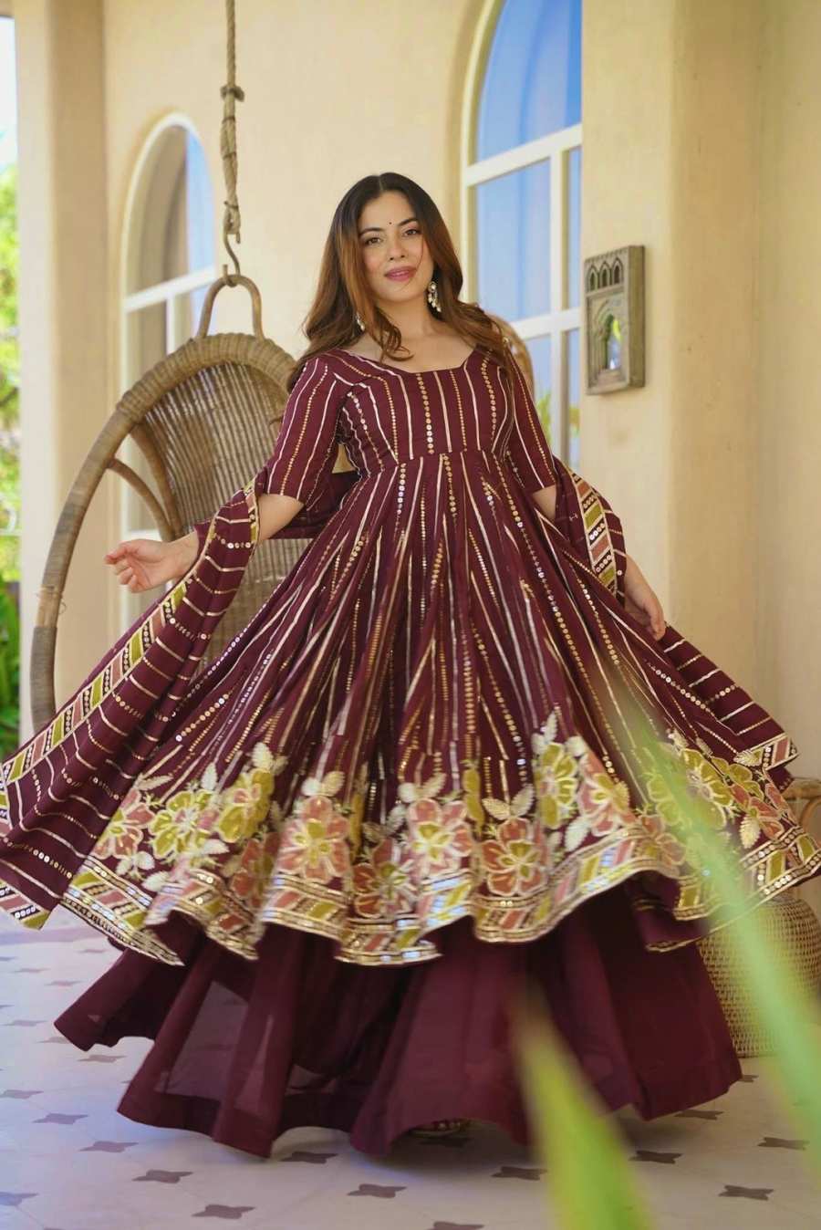 LUXURY FAUX GEORGETTE MULTI COLOURED EMBROIDERY WORK GOWN PALAZZO WITH DUPATTA SEASONABLE WEAR WHOLESALE PRICE ETHNIC GARMENT (6)