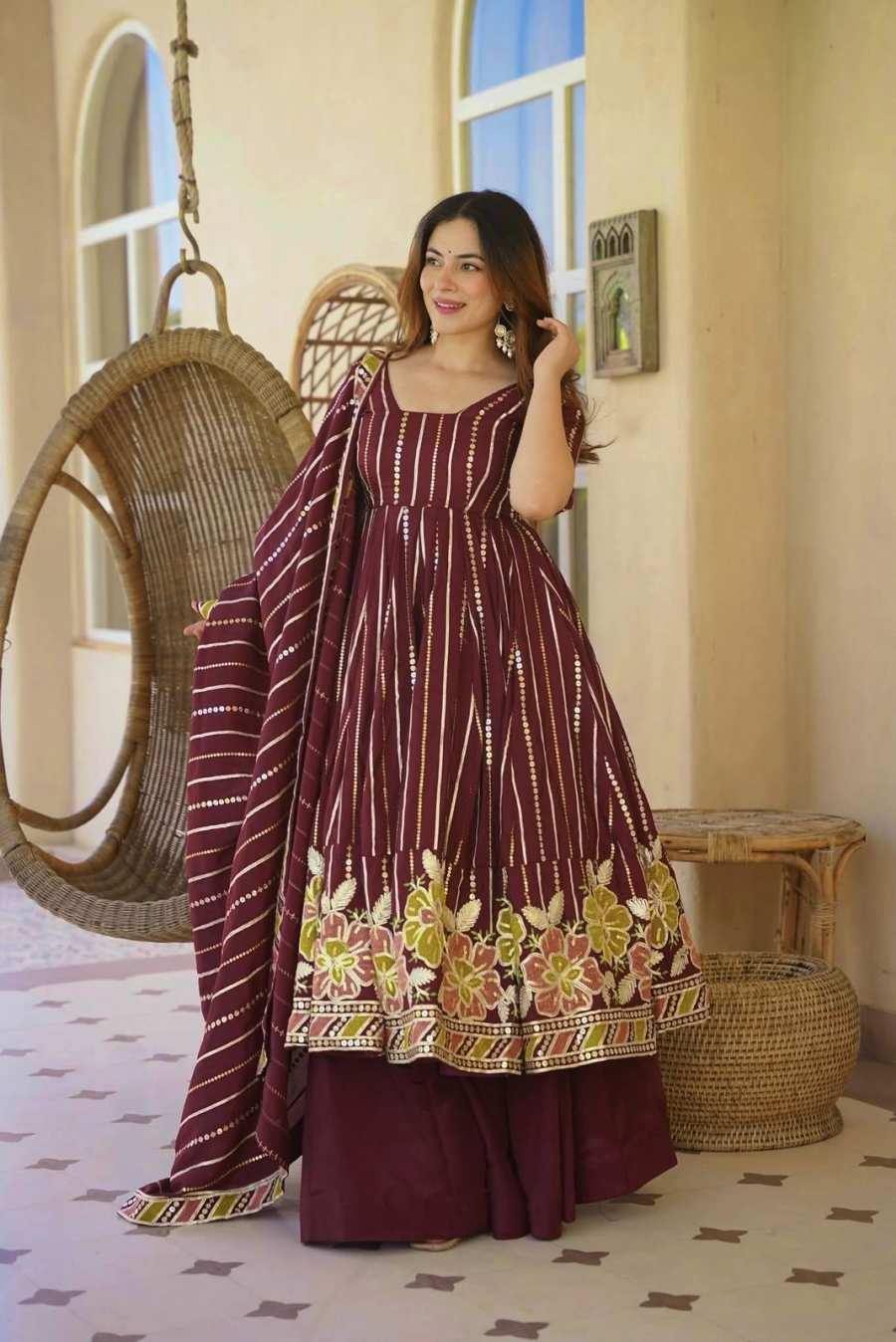 LUXURY FAUX GEORGETTE MULTI COLOURED EMBROIDERY WORK GOWN PALAZZO WITH DUPATTA SEASONABLE WEAR WHOLESALE PRICE ETHNIC GARMENT (8)